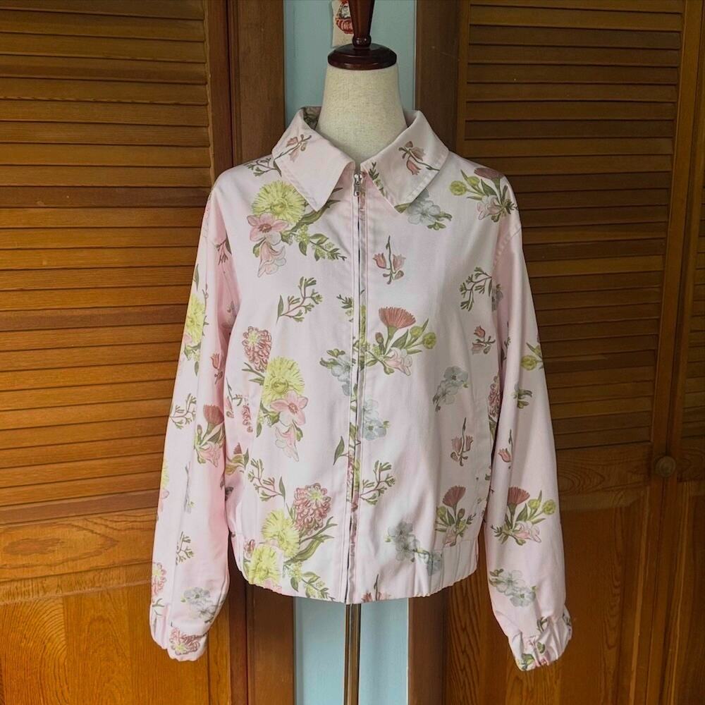 Whimsigoth Victorian Romatic Cottagecore Wild Flowers Pink Light Bomber Jacket L